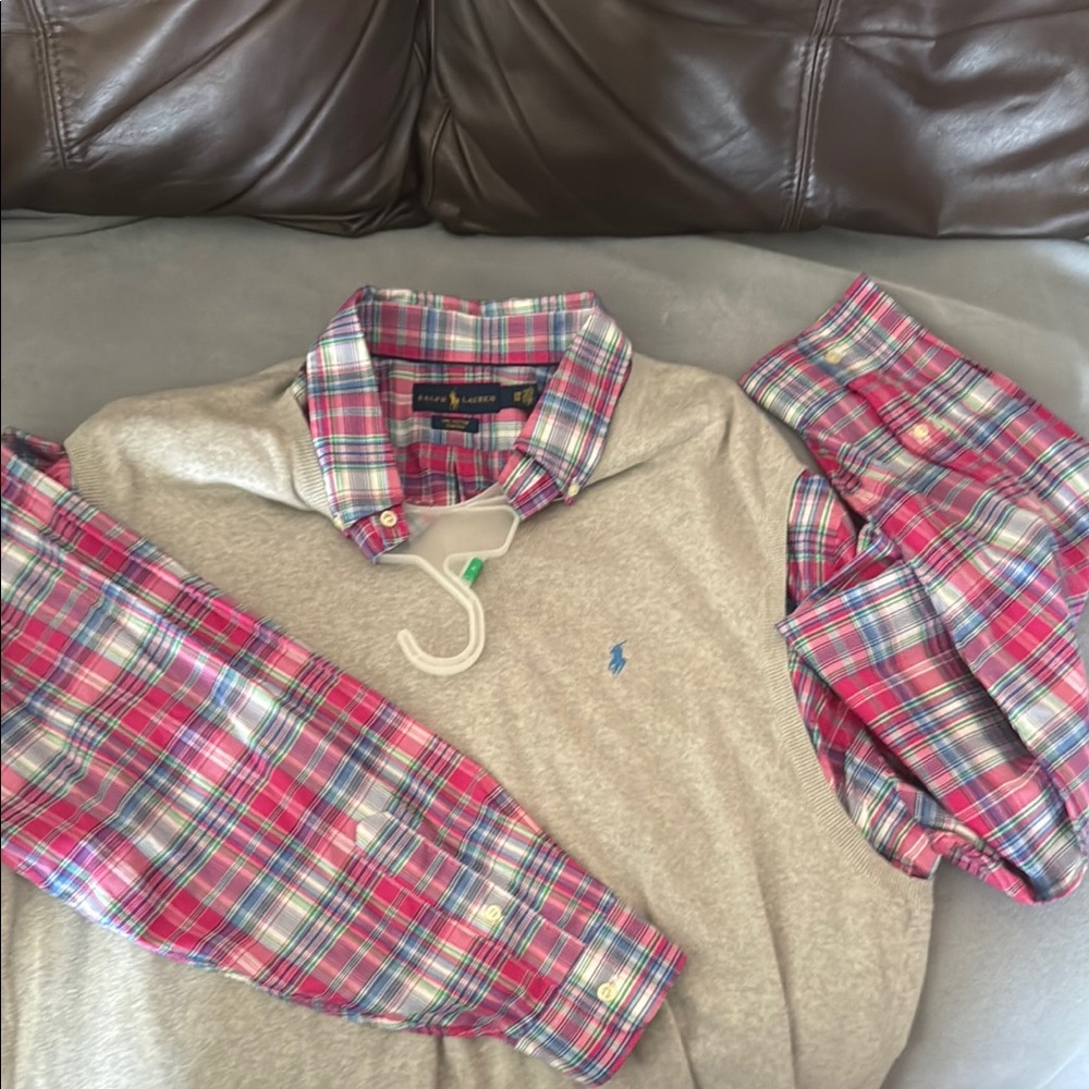 Gray Sweater with Pink Plaid Shirt Polo bundle